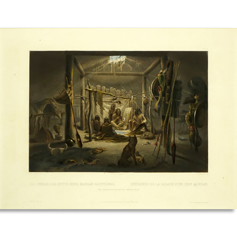 After: Karl Bodmer, Swiss (1809 - 1893) ''The Interior of the Hut of a Mandan Chief'' Indian Aquatint Engraving.
