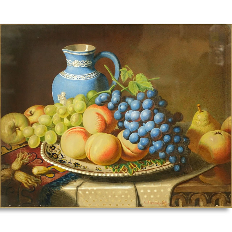 Alexander Stanesby, British (1832 - 1916) Watercolor on Paper, Still Life of Fruits on a Table Top, Signed and Dated 1886 Lower Right. 