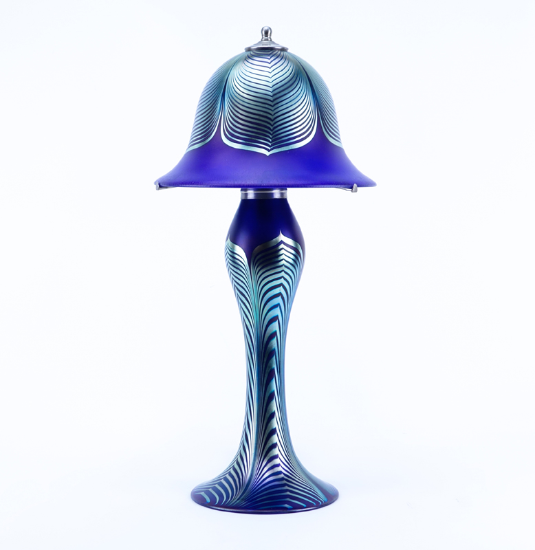 Large Vintage Correia Cobalt Blue Pulled Feather Art Glass Lamp.