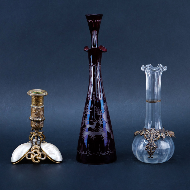 Group of Three (3): Bohemian Ruby to Clear Decanter, Gilt Brass Mounted Glass Vase, and Gilt Brass and Mother of Pearl Mounted Candle Holder. 