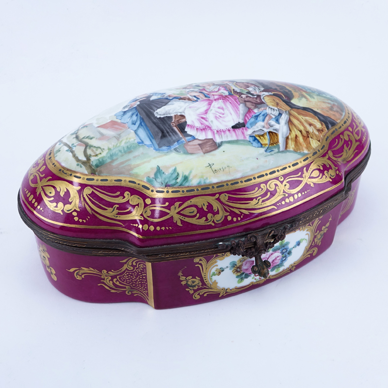 Very Large Handpainted Sevres Porcelain Box. Decorated with a figural scene.
