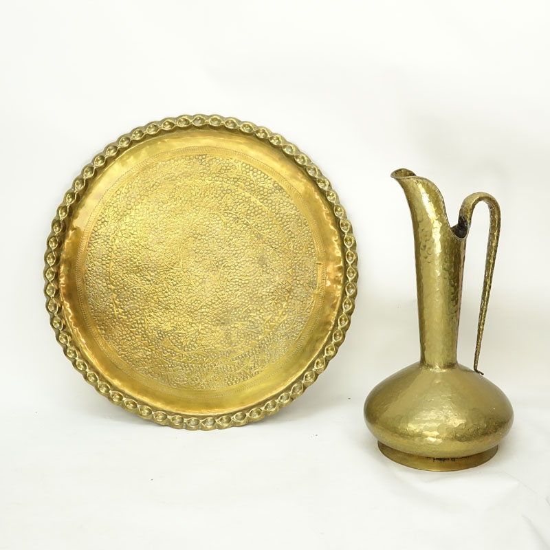 Grouping of Two (2): Large Brass Charger and Large Italian Brass Ewer.