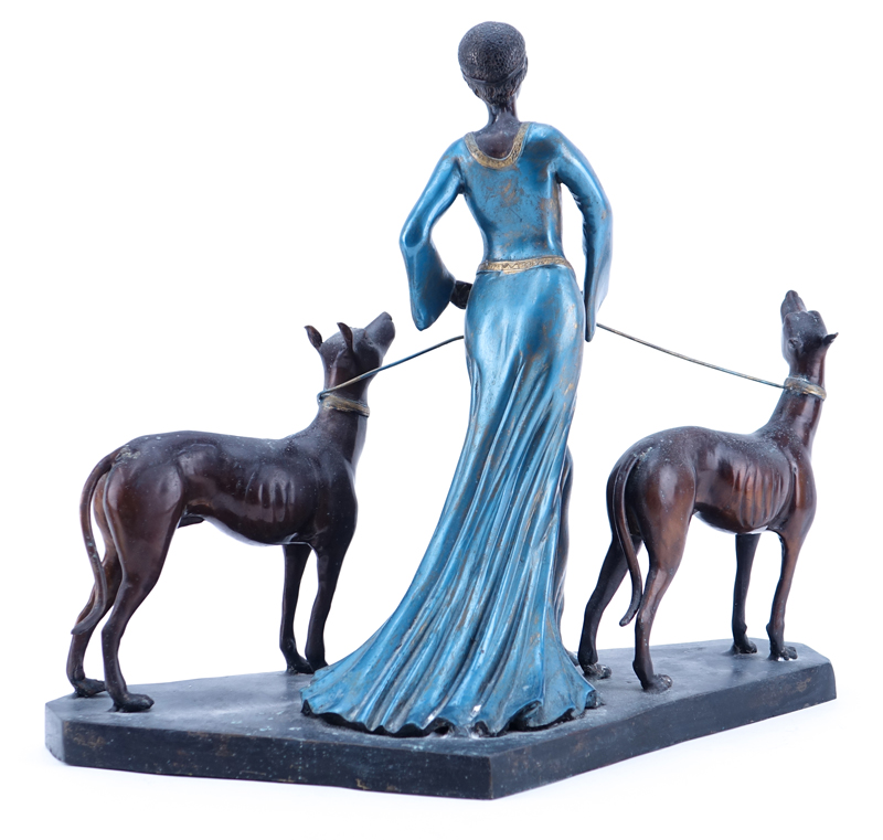 After: Dimitri Chiparus, Romanian  (1886 - 1947) Art Deco Bronze Sculpture, Woman with Dogs, Inscribed 'Prof. O. Poerzl'. 