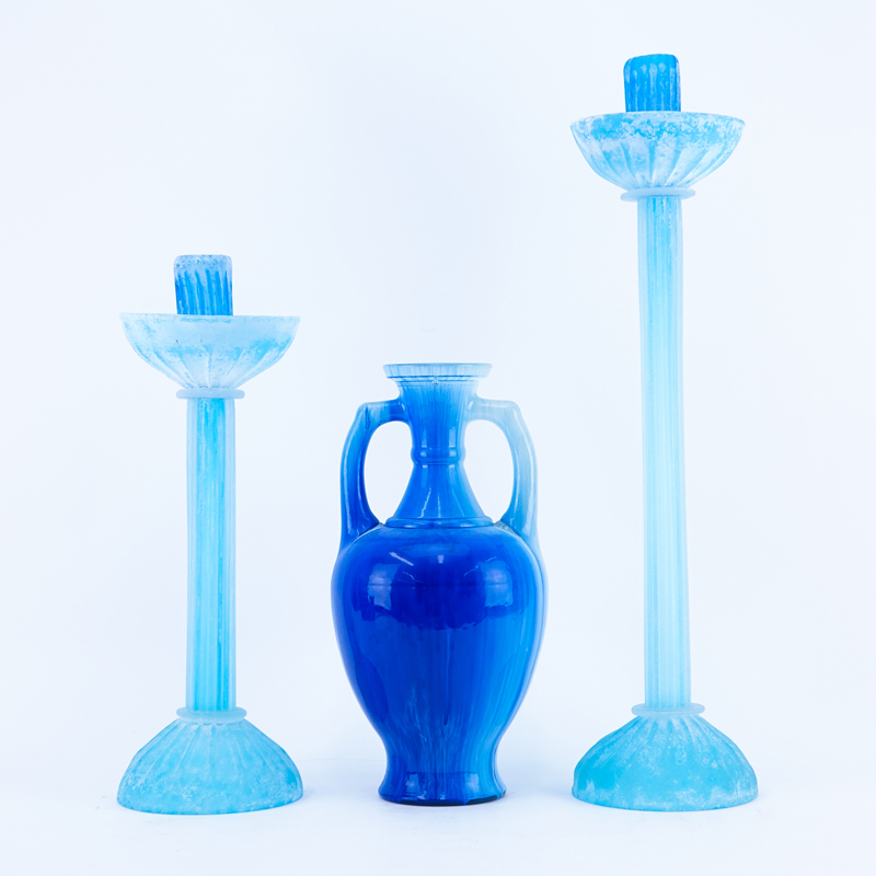 Group of Three (3) Art Glass: 2 Candlesticks and Amphora Vase.