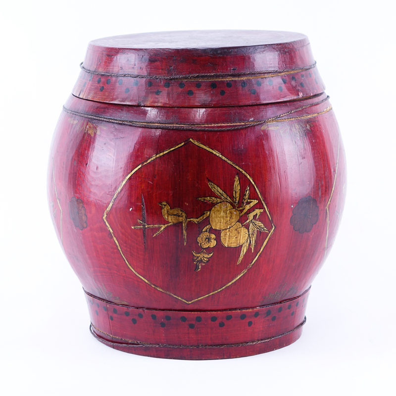 Chinese Red Lacquer Wood Covered Basket. Signed beneath the cover and on underside of the base.