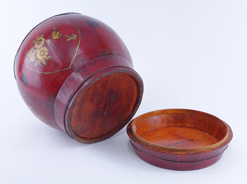 Chinese Red Lacquer Wood Covered Basket. Signed beneath the cover and on underside of the base.