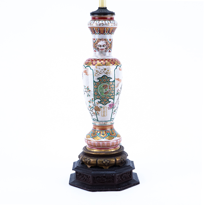 Antique Satsuma Hand Painted Porcelain Lamp with Birds and Monkey Motif.