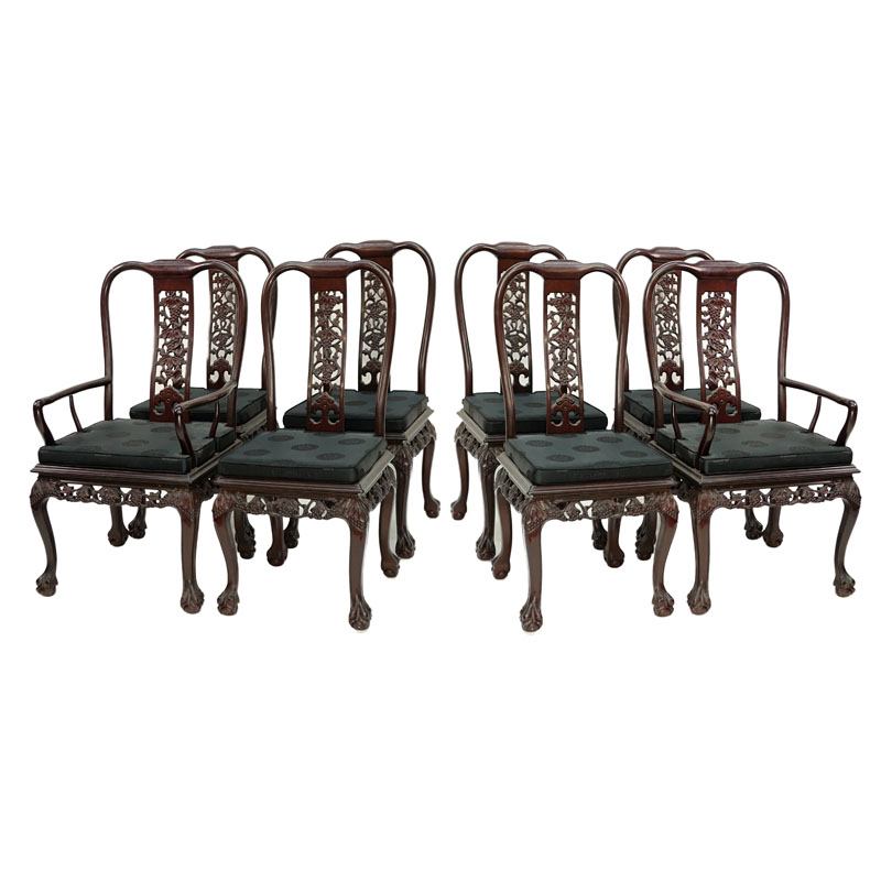 Set of Eight (8) Modern Chinese Carved Hardwood Chairs with Openwork Grape and Foliage Motif.