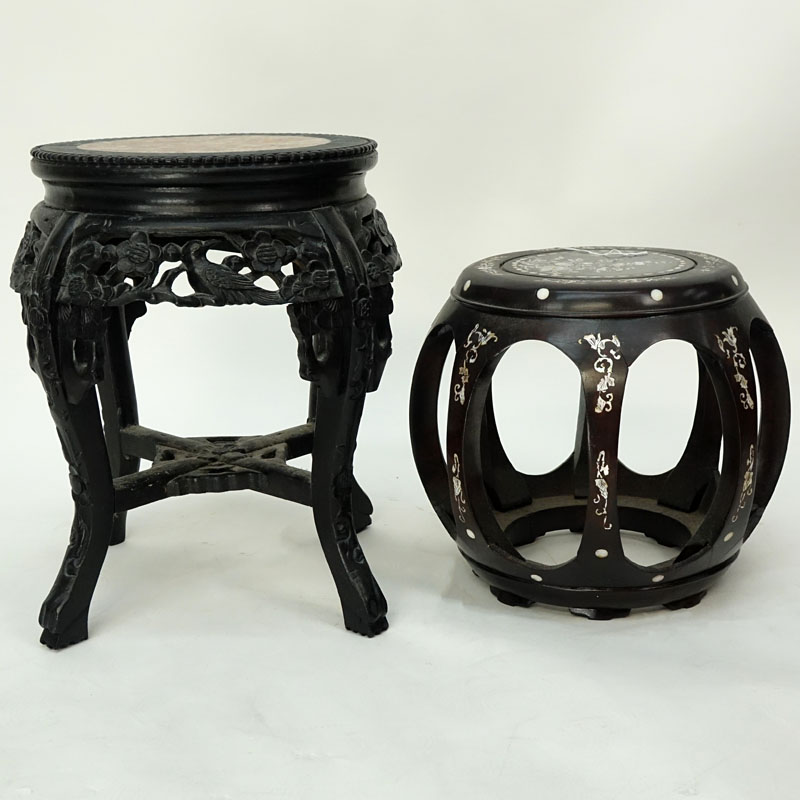 Group of Two (2): Chinese Carved Wood Marble Top stand, and Carved Wood Mother of Pearl Inlaid Barrel Stool.