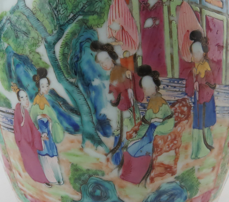Late 19th Century Rose Canton Export ware Porcelain Vase. Enamel painted with vignettes of courtyard scenes on front and obverse side, various exotic flowers and animal motif.