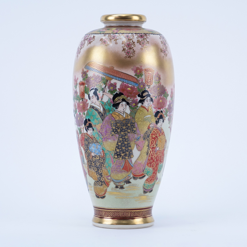 Antique Japanese Satsuma Gilt Hand Painted Porcelain Vase. Meiji period, signed to base. 