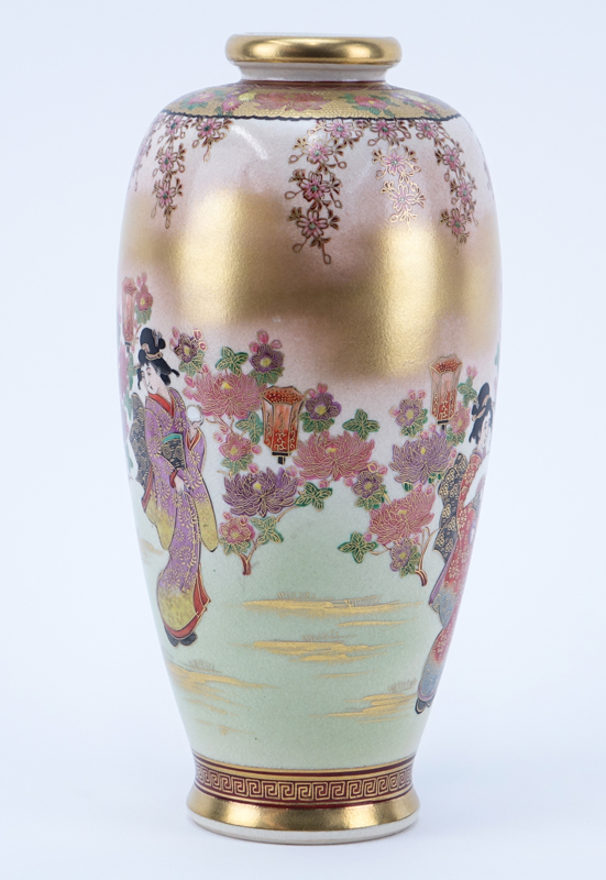 Antique Japanese Satsuma Gilt Hand Painted Porcelain Vase. Meiji period, signed to base. 