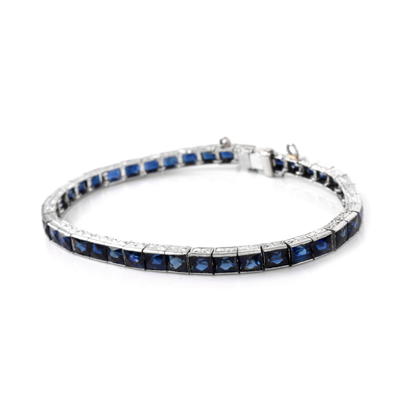 Vintage Sapphire and Platinum Line Bracelet. Sapphires with vivid saturation of color.
