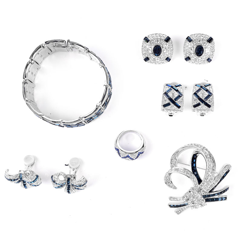 Collection of Nolan Miller  Faux Gemstone and Silver Tone Costume Jewelry  Including Bracelet, Brooch, Ring and Three Pair of Clip Earrings. 