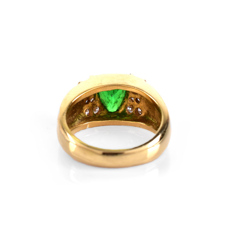 Vintage Approx. 2.48 Carat Trapezoidal Cut Tsavorite Garnet, Diamond and 18 Karat Yellow Gold Ring. 