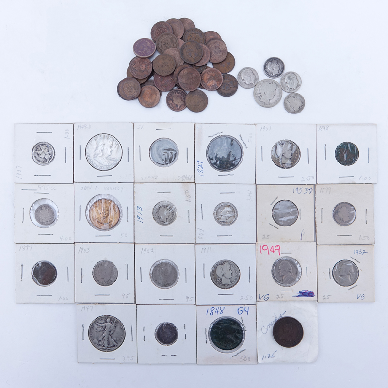 Collection of Mixed U.S. Coins. Includes: Quarter dollars, half dollars, Nickels, Dimes, and Pennies. 