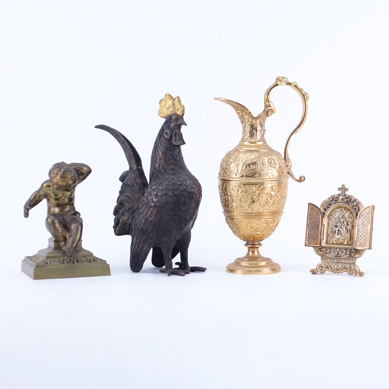 Group of Four (4): Gilt Metal Neoclassical Style Ewer, Gilt Brass Cherub Sculpture, Gilt Metal Frame with Madonna and Child Motif, and Patinated Metal Rooster. 