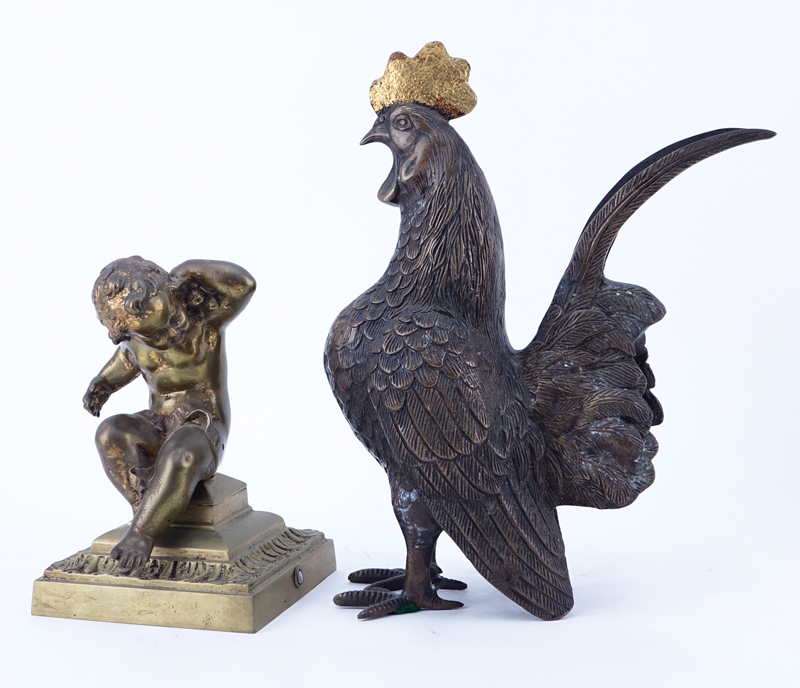 Group of Four (4): Gilt Metal Neoclassical Style Ewer, Gilt Brass Cherub Sculpture, Gilt Metal Frame with Madonna and Child Motif, and Patinated Metal Rooster. 