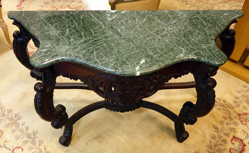 20th Century Carved Mahogany, Marble Top Console Table.
