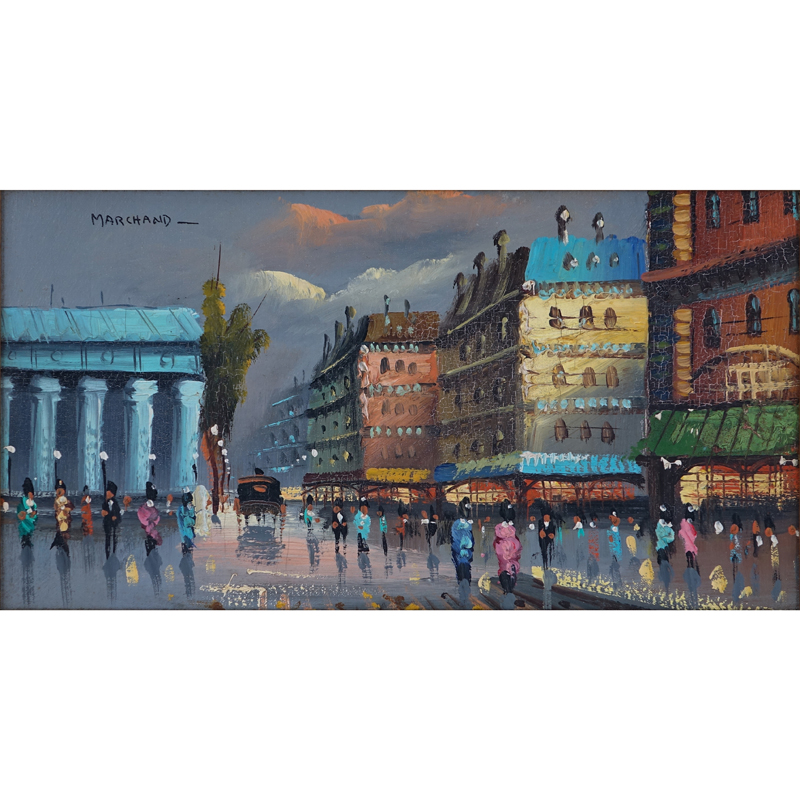 Marchand (20th C.) Oil on Board, Paris Street Scene, Signed Top Left. 
