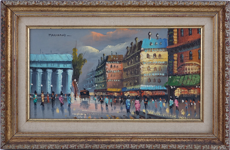 Marchand (20th C.) Oil on Board, Paris Street Scene, Signed Top Left. 
