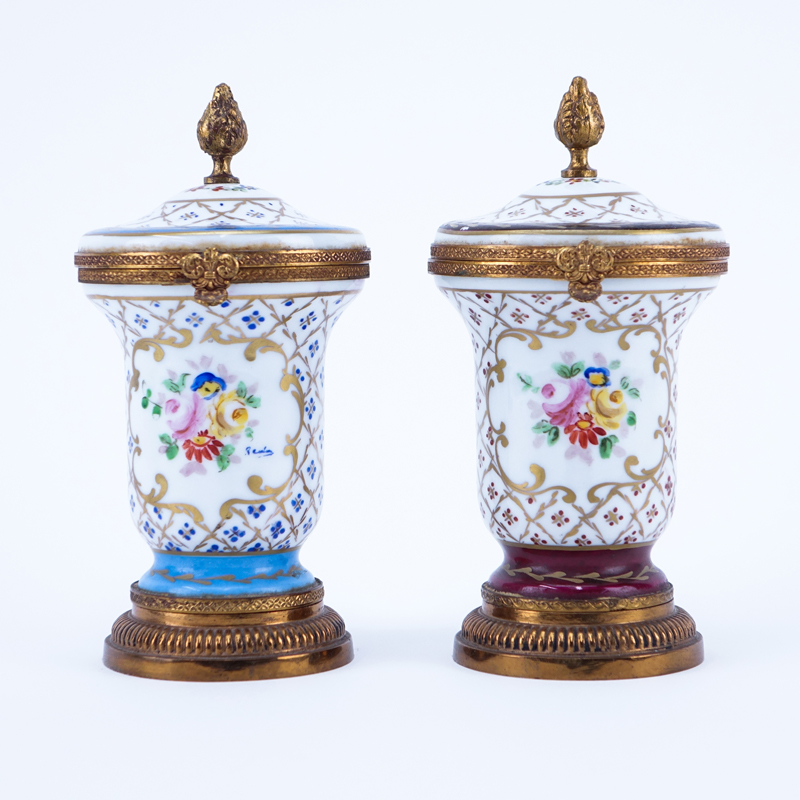 Pair of French Sevres-Style, Gilt Brass Mounted Hinged Covered Vases. French inscription to base. 