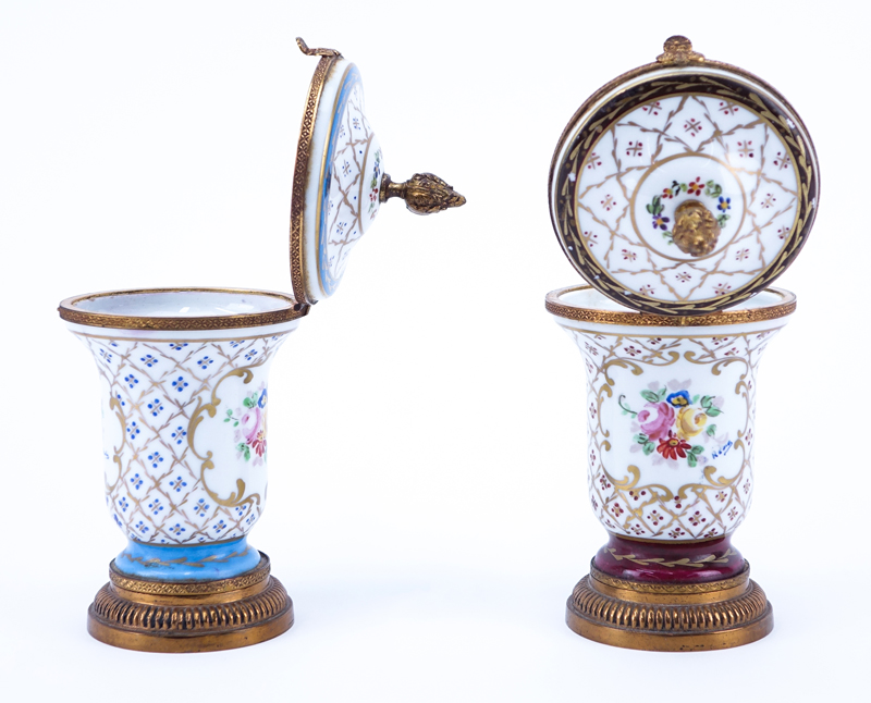Pair of French Sevres-Style, Gilt Brass Mounted Hinged Covered Vases. French inscription to base. 