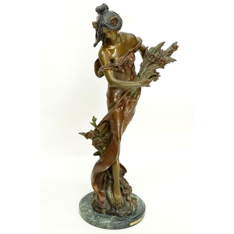 After: Auguste Moreau, French (1834 - 1917) Patinated Bronze Sculpture on Marble Base "Spring: Woman with 
