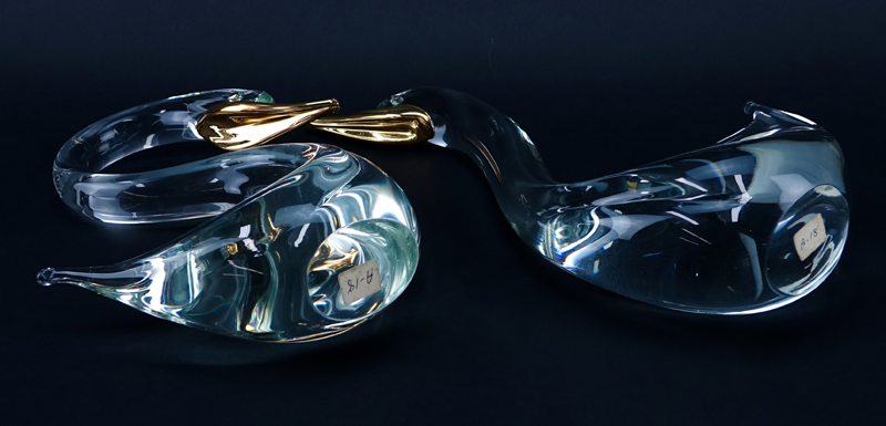 Two (2) Murano Art Glass and Gilt Painted  Swan Sculptures. Original label attached to one sculpture.