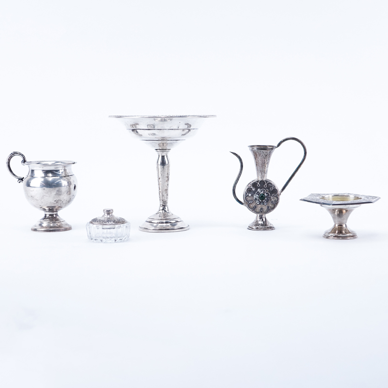 Group of Five (5): Israeli Sterling Miniature Tea Pot, Israeli 800 Silver Footed Dish, Weighted Sterling Compote, Sterling Footed Bowl with Handles (As Is), and Covered Glass Miniature Dish with Silver Cover. 