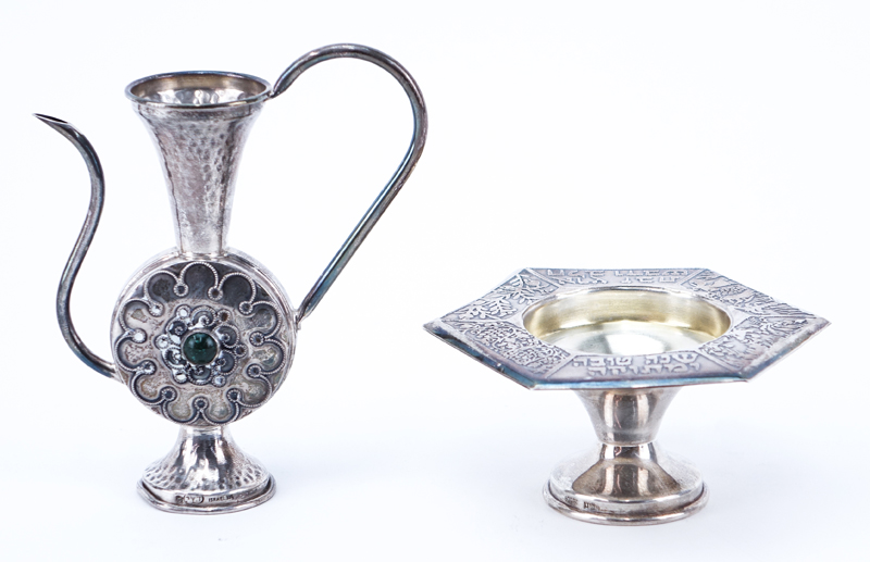 Group of Five (5): Israeli Sterling Miniature Tea Pot, Israeli 800 Silver Footed Dish, Weighted Sterling Compote, Sterling Footed Bowl with Handles (As Is), and Covered Glass Miniature Dish with Silver Cover. 