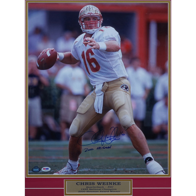 Framed and Hand Signed Chris Weinke Florida State Photo. Tristar COA , certified and examined labels attached on obverse side.