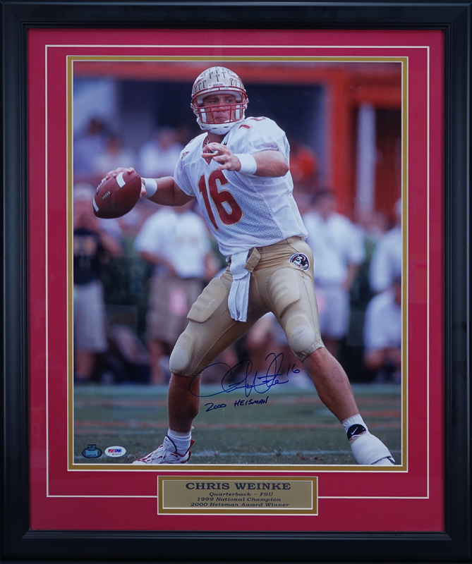 Framed and Hand Signed Chris Weinke Florida State Photo. Tristar COA , certified and examined labels attached on obverse side.