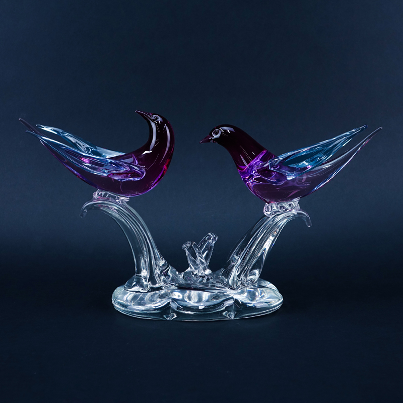 Formia Vetri di Murano Art Glass Love Birds Sculpture. Etched signed and original attached to surface.