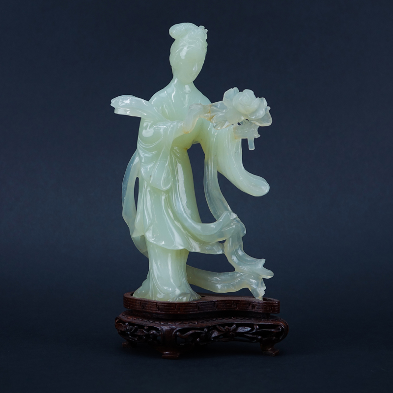 Chinese Serpentine Jade Carved Kwan Yin Figure on Wooden Stand.