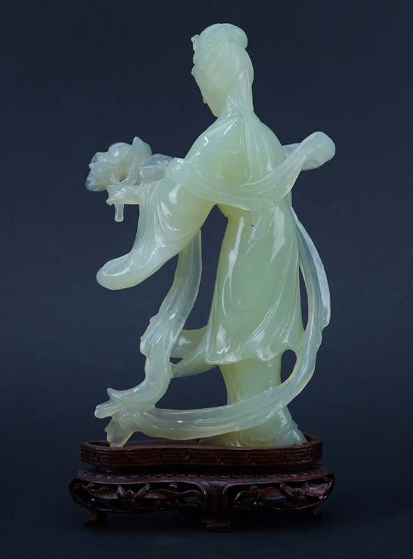 Chinese Serpentine Jade Carved Kwan Yin Figure on Wooden Stand.