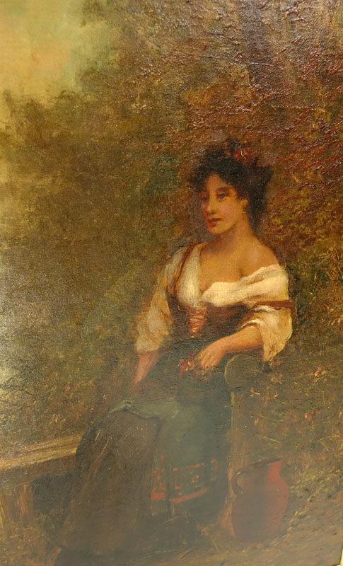 Large Oil on Board, Young Girl Seated in the Woods, Signed Lower Left (illegible). 