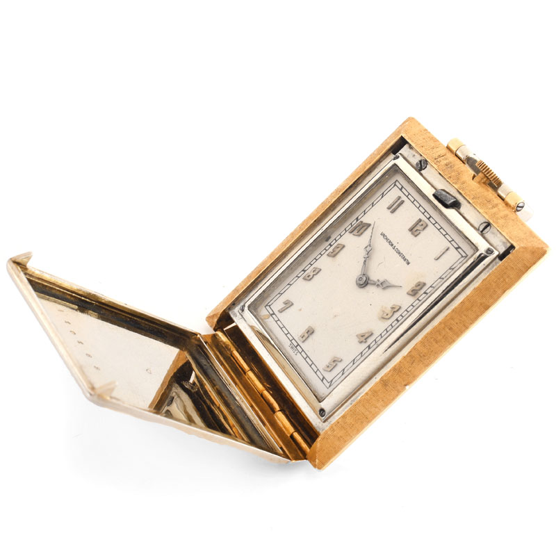 Vintage Art Deco Circa 1911-1935 Vacheron Constantin and Verger Freres, Paris 18 Karat Yellow and White Gold Travel Timepiece with Folding Easel Case. 