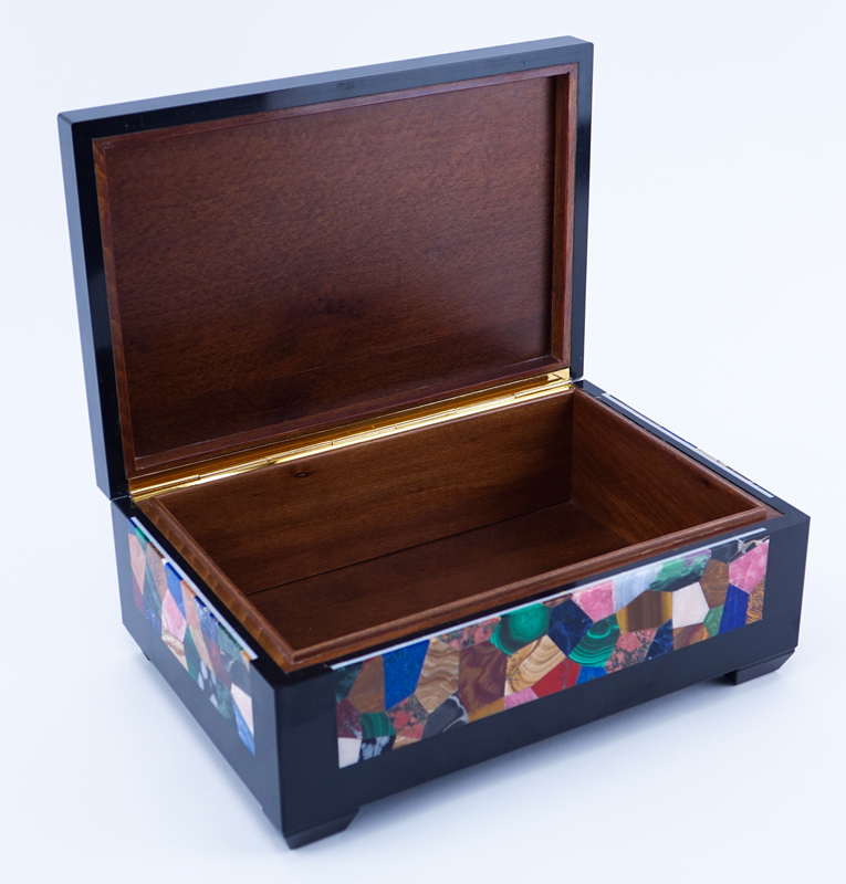 Italian Pietra Dura Inlaid Cigar Box. R Romanelli, Florence Italy label on obverse side. 