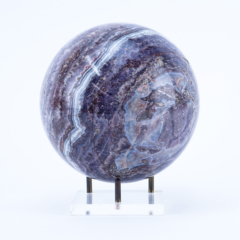 Modern Agate Sphere Mineral on Stand. Natural inclusions and cracks.