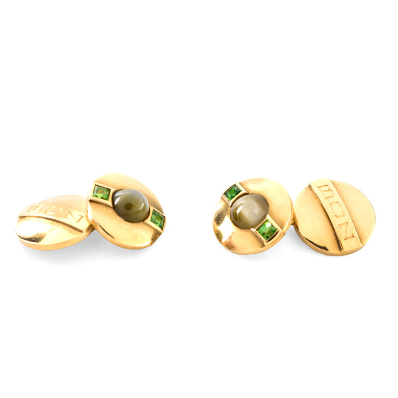 Men's Vintage Bailey Banks and Biddle Cat's Eye Chrysoprase, Emerald and 14 Karat Yellow Gold Cufflinks. 