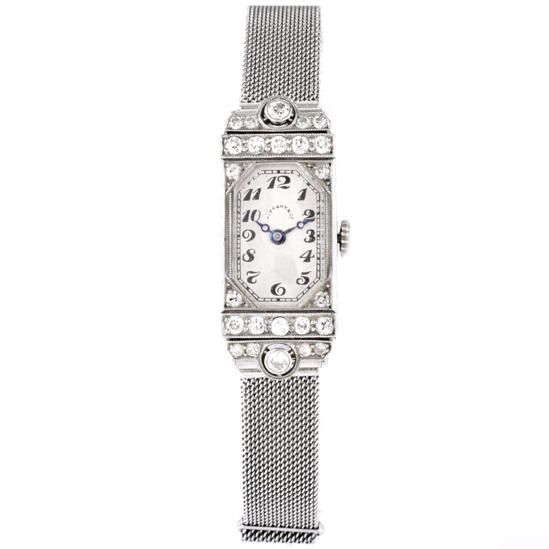 Antique Circa 1910 Tiffany & Co Approx. .85 Carat Diamond and Platinum Lady's Watch with Adjustable Mesh Link Platinum Bracelet. Manual movement.