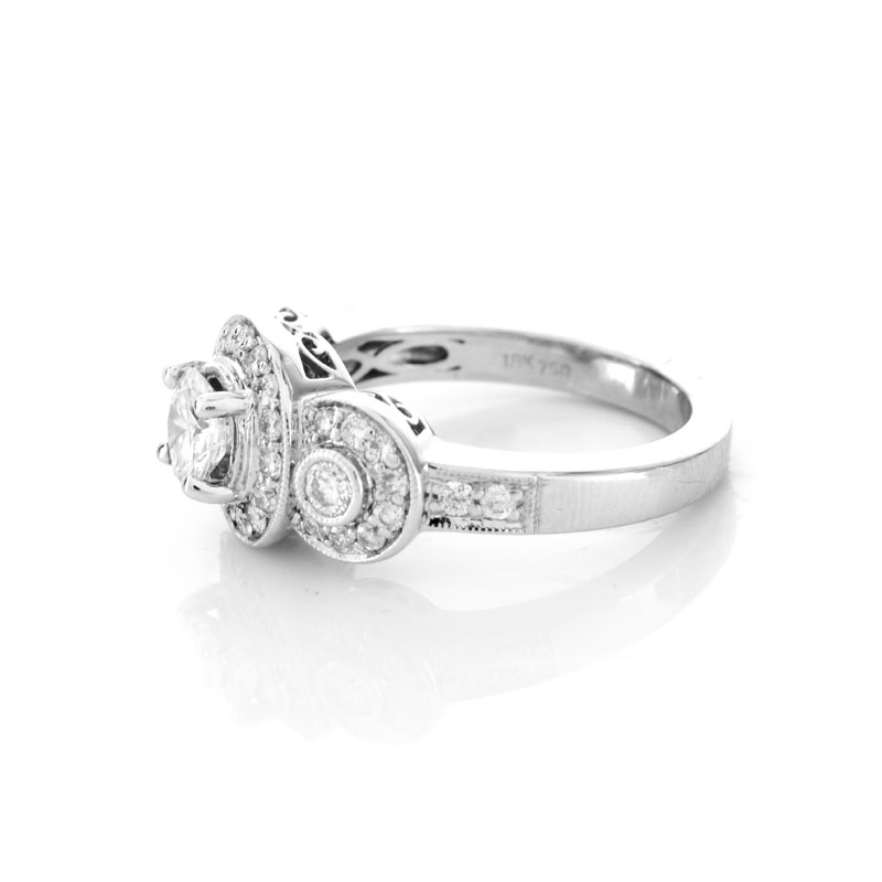 Approx. 1.40 Carat Diamond and 18 Karat White Gold Engagement Ring. Set in the center with a round brilliant cut diamond.
