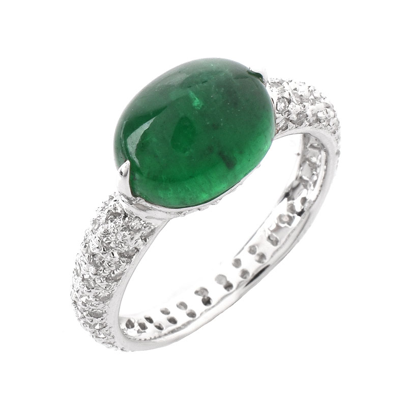 Vintage Approx. 3.34 Carat Oval Cabochon Emerald, .75 Carat Pave Set Diamond and 18 Karat White Gold Ring. 