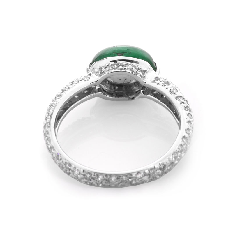 Vintage Approx. 3.34 Carat Oval Cabochon Emerald, .75 Carat Pave Set Diamond and 18 Karat White Gold Ring. 
