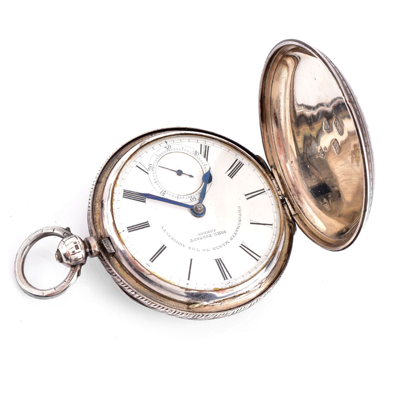 Circa 1901 John Forrest London, Chronometer to the Admiralty, Chased Sterling Silver Pocket Watch with key and suede pouch. 