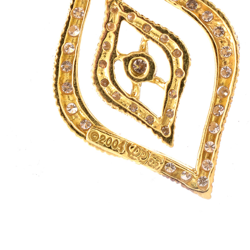Vintage Doris Panos Approx. 2.32 Carat Pave Set Round Brilliant Cut Diamond and 18 Karat Yellow Gold Pendant Earrings.