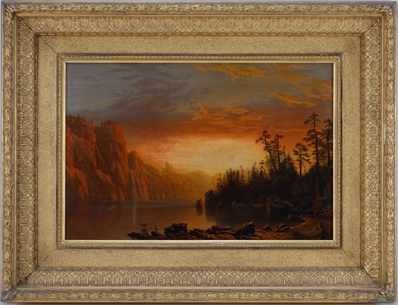 After; Albert Bierstadt, German (1830 - 1902) Chromolithograph on Canvas "Sunset: California Scenery." Boston: L. Prang & Co., 1868. Original L. Prang & Co. S. Catalogue label and Pranc's American Chromos. 