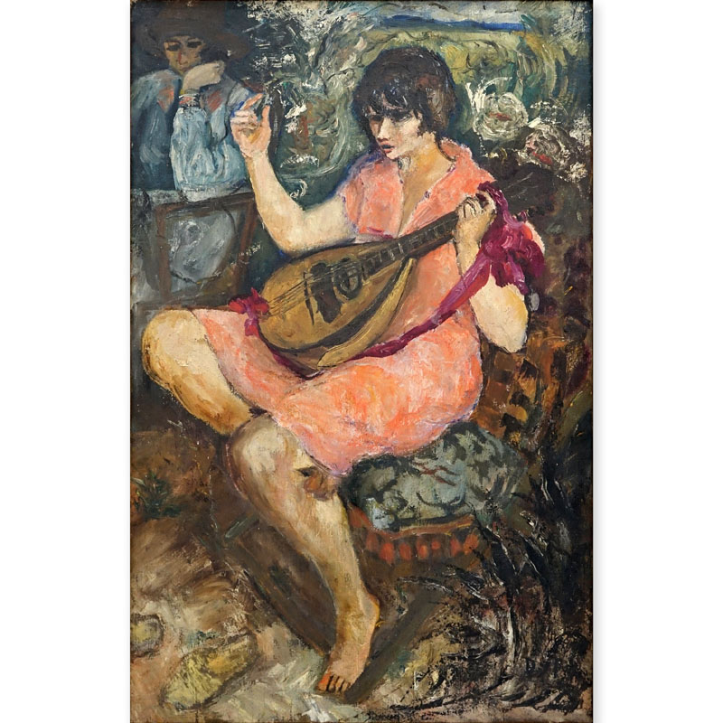 after: Marcel Dyf, French (1899-1985) Oil on Canvas, Woman Playing Mandolin. Signed lower right. Good condition. 