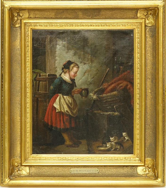 Well Done H. Michael (19/20th C.) European Oil on Canvas, Interior Scene of a Young Girl Feeding Cats, Tag affixed to Frame Inscribed with Artist Name. 